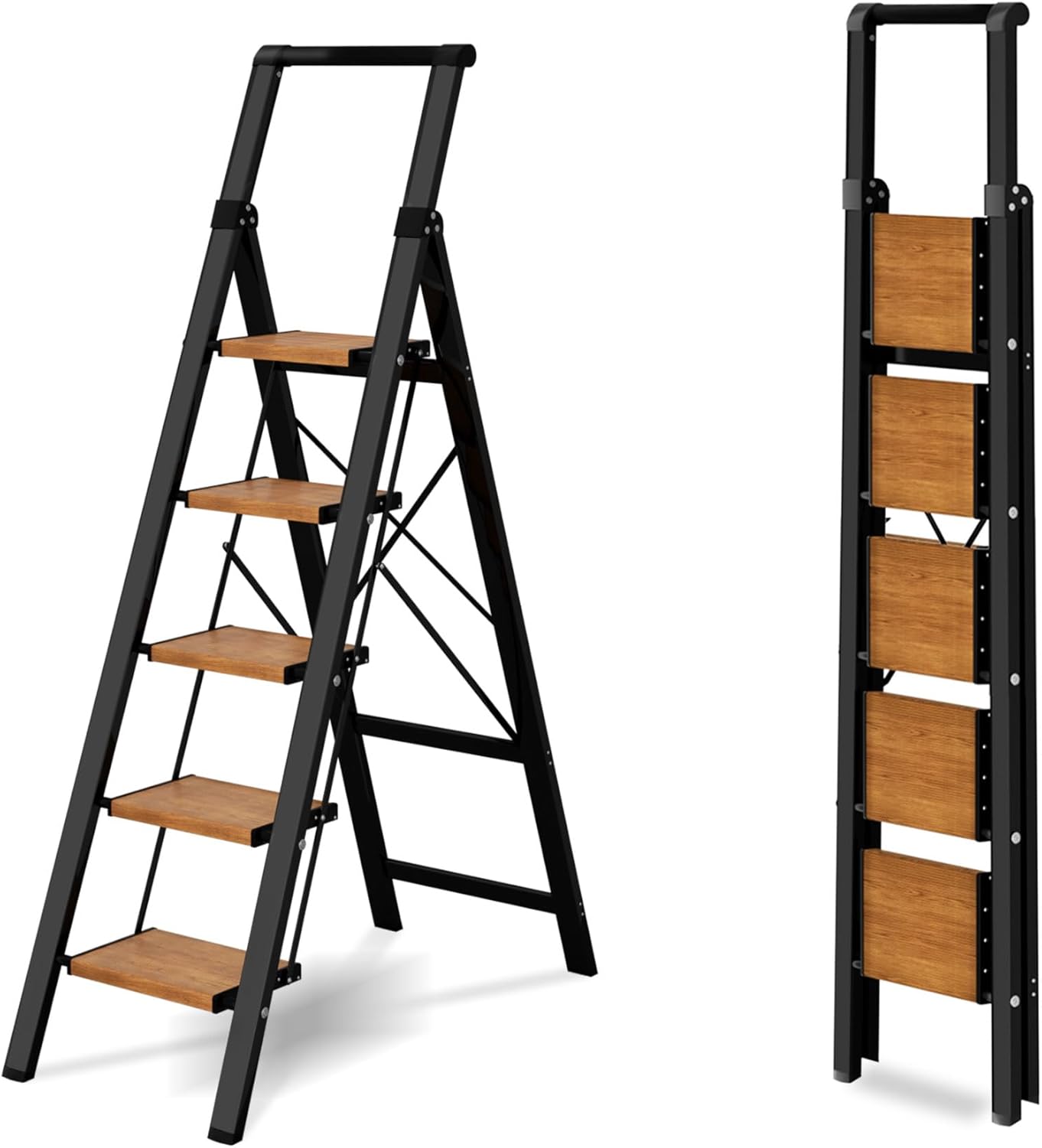 5 Step Ladder, Lightweight Folding Step Stool with Anti-Slip Aluminum Wide Pedal& Convenient Handgrip, 330lbs Capacity Steel Ladder for Household and Office (Black&Woodgrain)