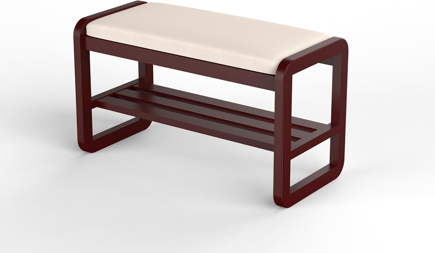 Solid Wood Shoe Rack, 2 Tier Shoe Storage Bench with Cushion Seat, 8 Pair Shoe Organizer for Entryway, Walnut, 32 Inch