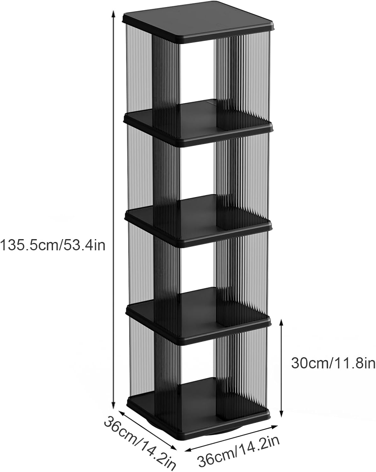 4 Tier Rotating Bookshelf, Small Corner Bookshelf for Small Space, 360 Display Floor Standing Bookcase, Lazy Susan Plastic Narrow Book Organizer Shelf for Bedroom, Living Room, Rectangular