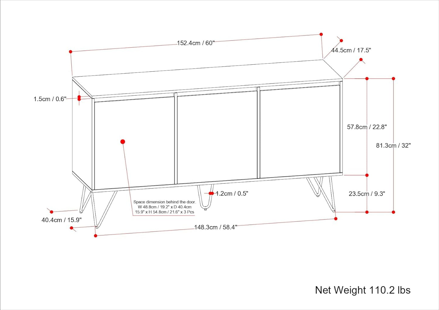 SIMPLIHOME Hunter Buffet - 60 inch Wide Solid Mango Wood 3-Door Sideboard Buffet in Natural, Contemporary Storage Cabinet for Dining Room or Kitchen with Adjustable Shelves and Metal Legs