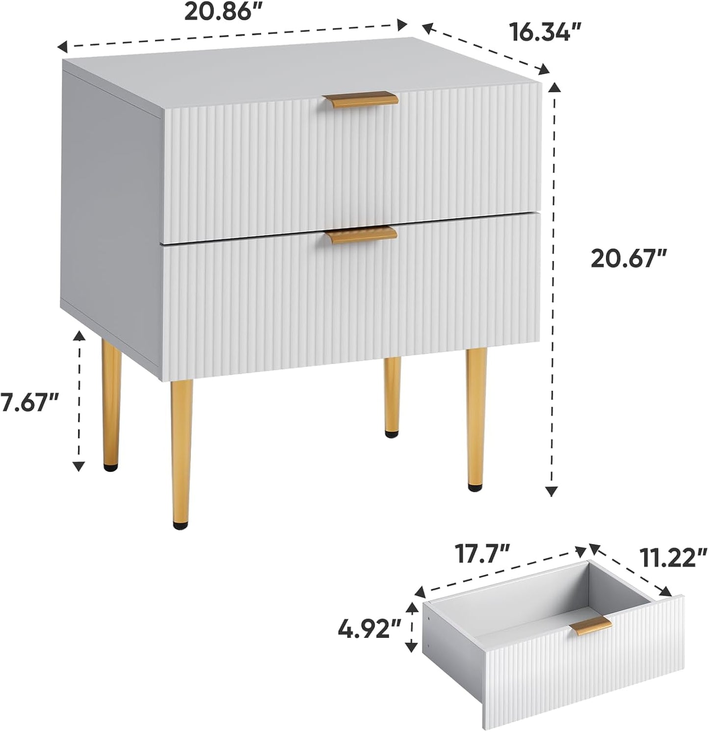 Nightstand, White Night Stand with Fluted Panel, Bedside Table with 2 Drawer, Large Mid Century Modern Nightstand with Gold Leg, End Tables for Bedroom
