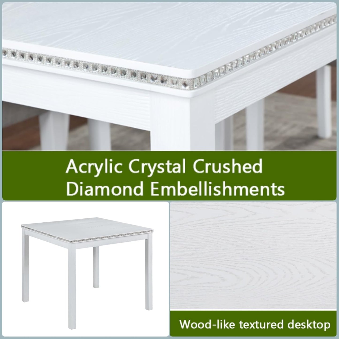 Dining Table Set for 4, 5-Piece Kitchen Table & Chairs Set with Versatile Square Table & 4 Upholstered Chairs, 34.5'' Dinner Set with Crystal Decorations & Wood Grain Design, Light White