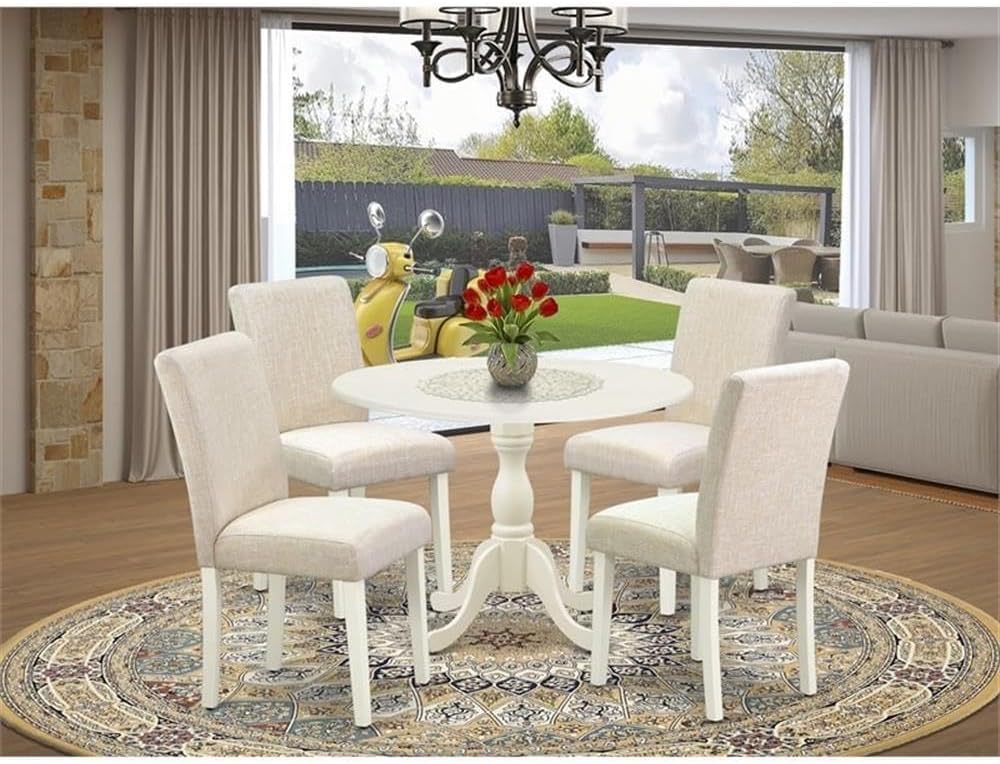 East West Furniture DMAB5-LWH-02 5 Piece Dining Table Set for 4 Includes a Round Kitchen Table with Dropleaf and 4 Light Beige Linen Fabric Parson Dining Chairs, 42x42 Inch, Linen White