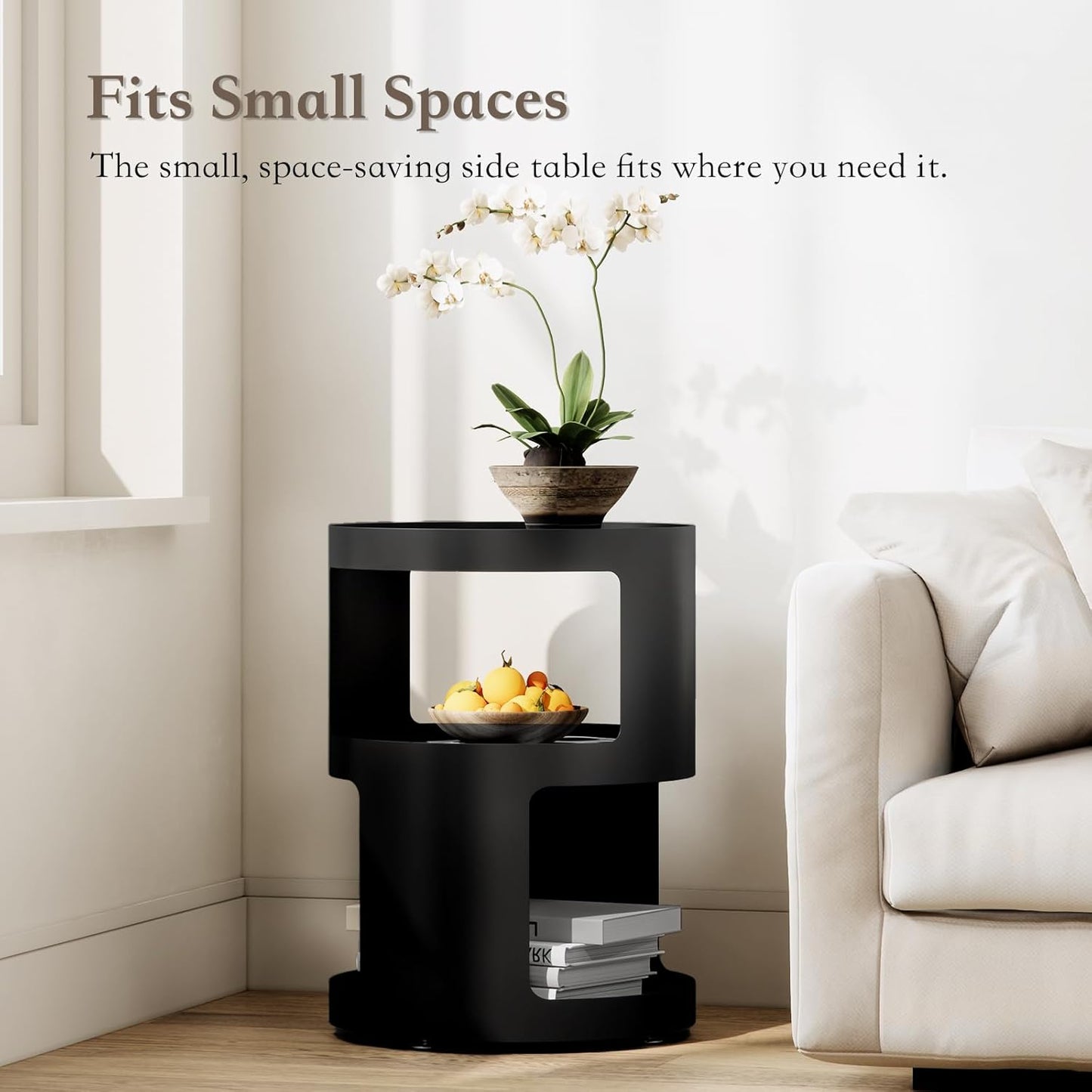 XIV Side Table, Round End Table, Modern Nightstand, Metal Accent Table, Small Bed Side Table for Living Room Bedroom, Bedside Table, Night Stand, No Assembly Required (Black, Round)