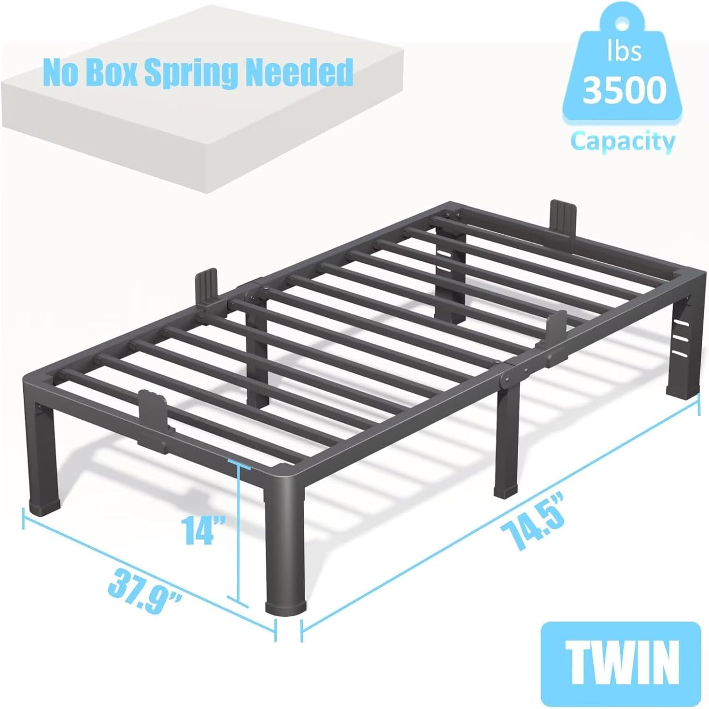 FUIOBYVV 14 Inch Twin Bed Frame with Rounded Corner and Headboard Hole Mattress Retainers 3500 LBS Metal Heavy Duty Steel Slats Support No Box Spring Needed Platform Noise Free Easy Assembly