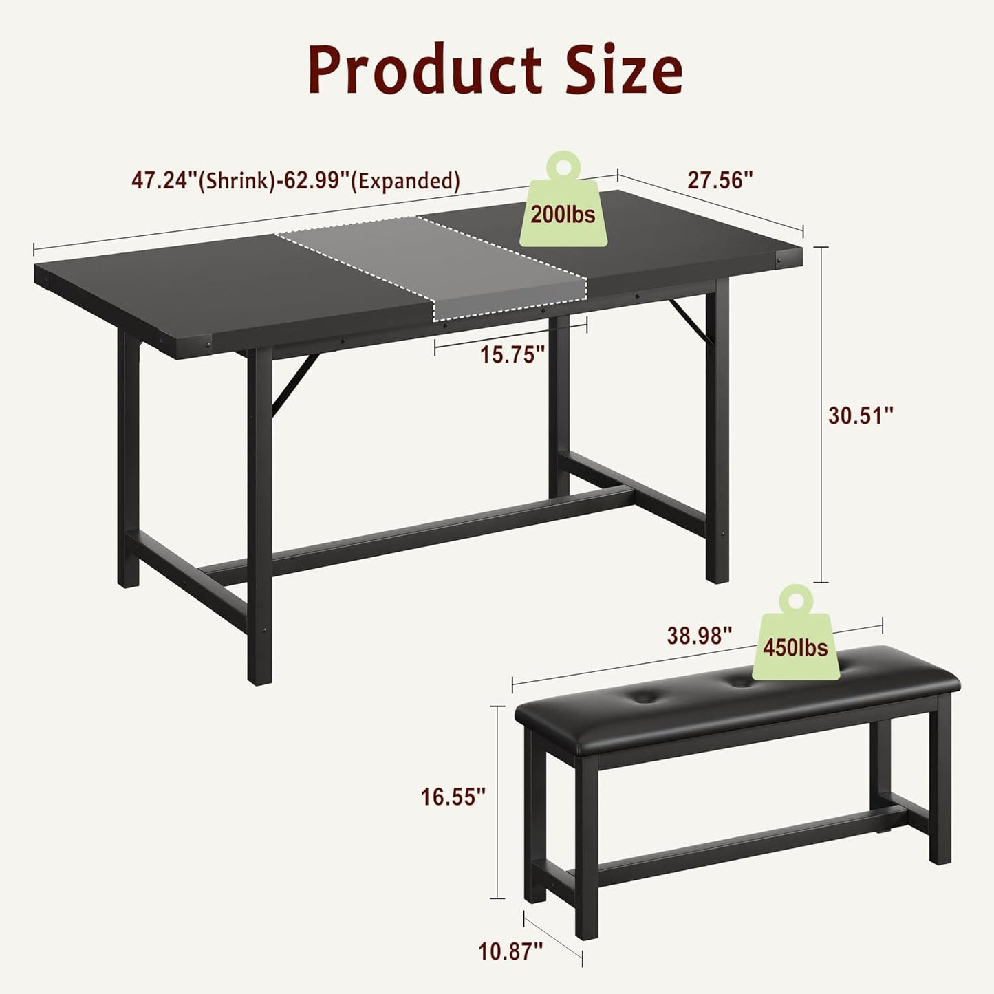Dining Table Set for 4-6, 63“ Large Extendable Kitchen Table Set, Wood Rectangle Kitchen Table with 2 Soft Benches for Small Space, Apartment, Dinner,Black