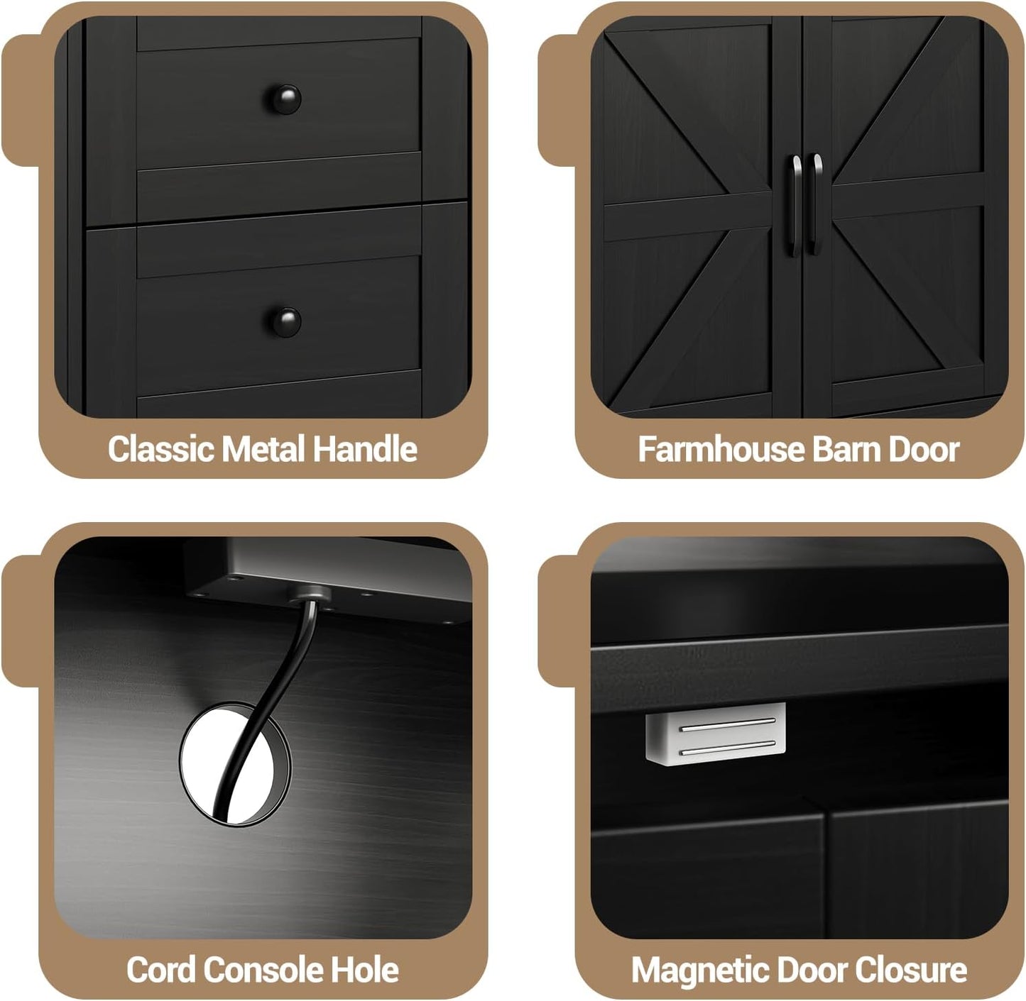 47inch Farmhouse Buffet Sideboard Cabinet, Wood Cupboard Storage Pantry Cabinet with Drawers, Coffee Bar Station Table for Kitchen Living Dining Room, Black