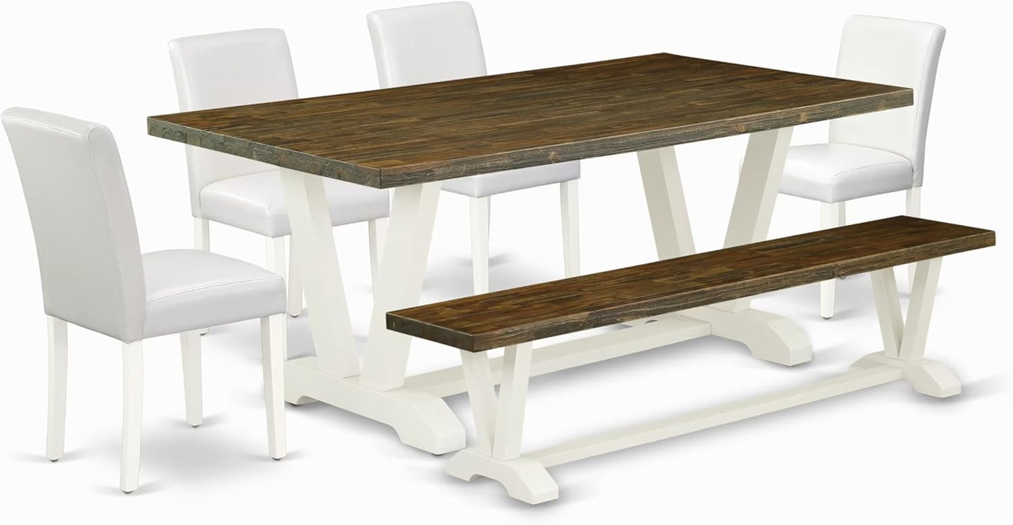 East West Furniture V077AB264-6 6 Piece Dining Table Set Contains a Rectangle Dining Room Table with V-Legs and 4 White Faux Leather Upholstered Chairs with a Bench, 40x72 Inch, Multi-Color
