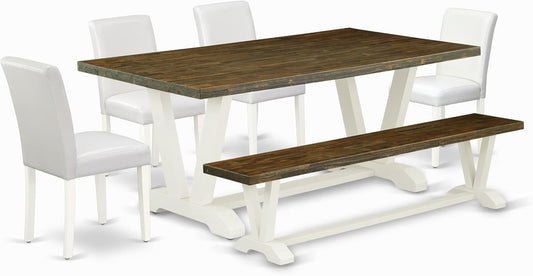 East West Furniture V077AB264-6 6 Piece Dining Table Set Contains a Rectangle Dining Room Table with V-Legs and 4 White Faux Leather Upholstered Chairs with a Bench, 40x72 Inch, Multi-Color