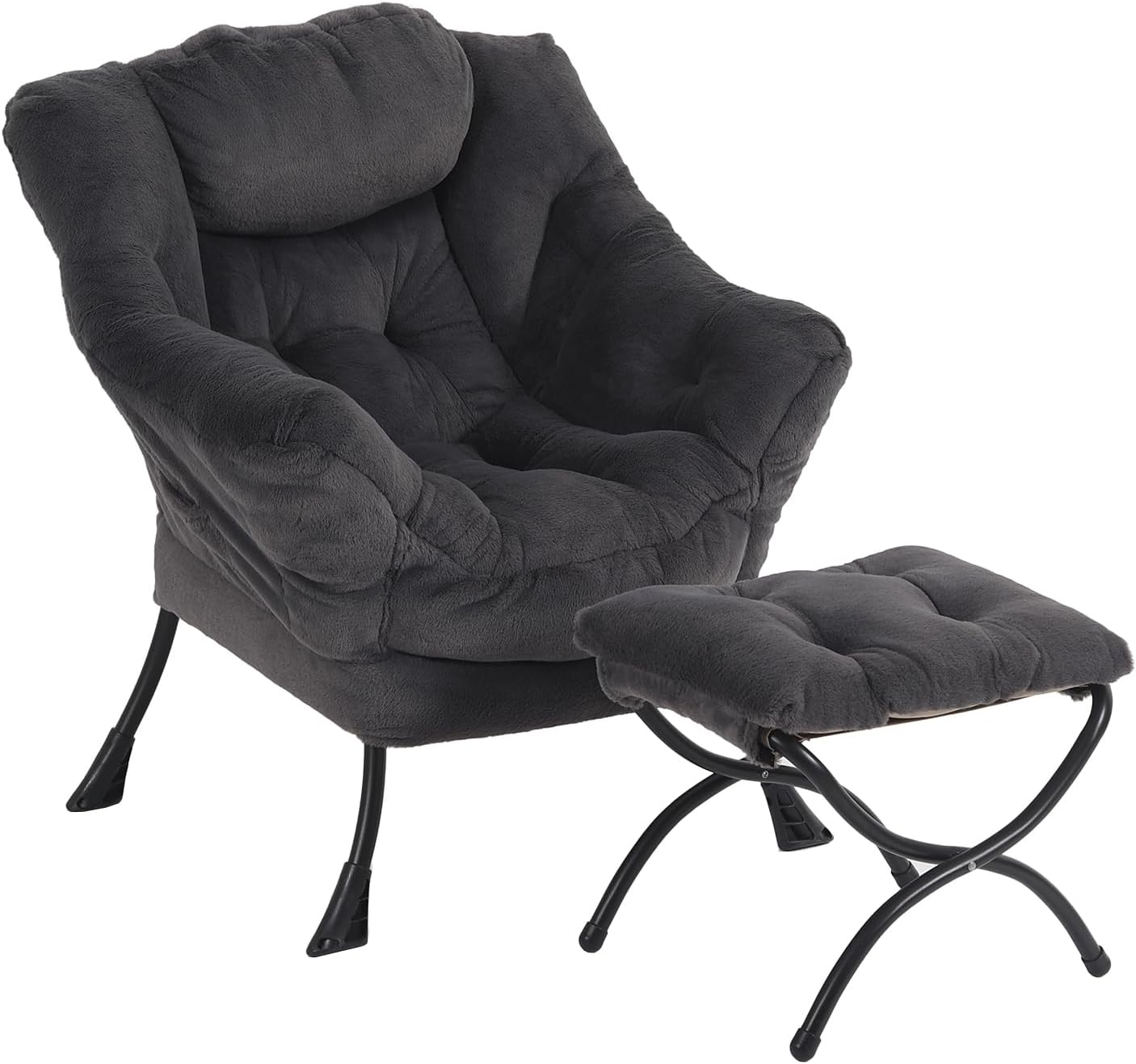 Oversized Chair with Ottoman, Modern Reading Chair, Lounge Accent Chair with Armrests and a Side Pocket for Small Space, Bedroom, Study, Living Room (Plush Dark Greyish Blue)