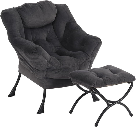 Oversized Chair with Ottoman, Modern Reading Chair, Lounge Accent Chair with Armrests and a Side Pocket for Small Space, Bedroom, Study, Living Room (Plush Dark Greyish Blue)