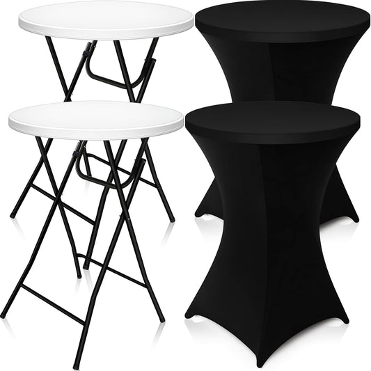 Wenqik 2 Sets 32" High Top Round Folding Cocktail Tables White Bar Height with Removable Legs & 32"x43" Spandex Stretch Table Covers (Black)