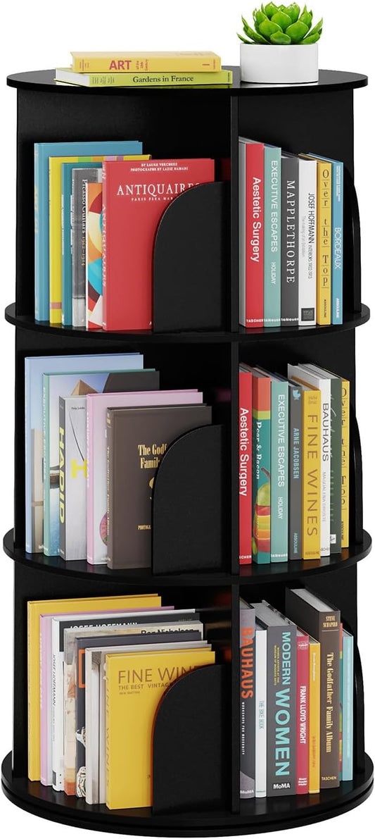 SpaceAid 3 Tier Rotating Bookshelf Tower, Spinning Bookcase Lazy Susan, Revolving 360 Book Shelf Storage Round Carousel, Vertical Rotate Turning Spiral Corner Organizer, Black