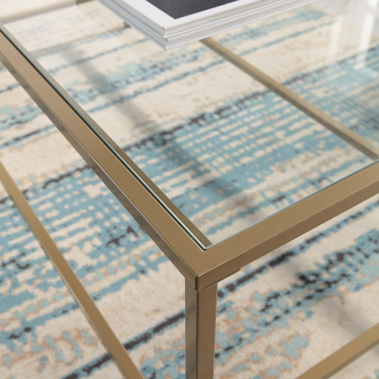 CAWS Gold End Table, Tempered Glass Rectangle Side Table with Stain Gold Metal Frame, Accent Table, Night Stand, Modern Minimalist Table for Living Room, Dining Room, Bedroom, Office or Outdoor