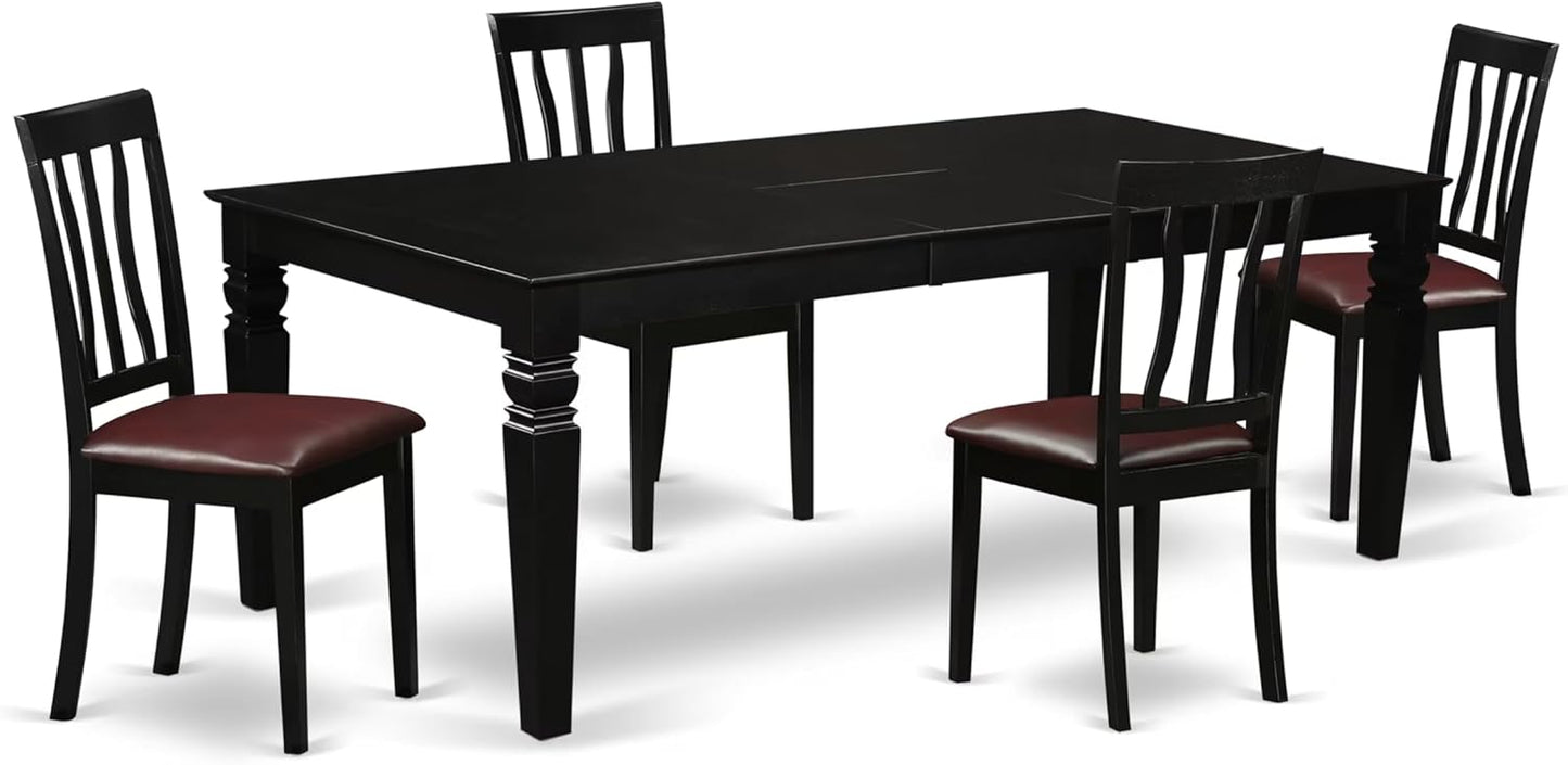 East West Furniture LGAN5-BLK-LC 5 Piece Dining Room Table Set Includes a Rectangle Wooden Table with Butterfly Leaf and 4 Faux Leather Kitchen Dining Chairs, 42x84 Inch, Black