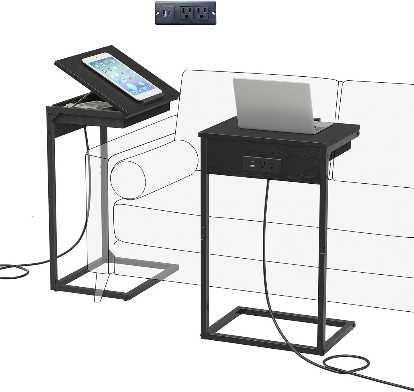 C Shaped End Table with Charging Station,45° Tiltable Adjustable Flip Top Side Table Set of 2,Small C Table Set 2 for Small Spaces,Slide Under Couch Sofa Bedside Table Living Room, Black