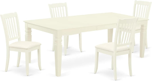 East West Furniture LGDA5-LWH-C 5 Piece Dining Room Table Set Includes a Rectangle Kitchen Table with Butterfly Leaf and 4 Linen Fabric Upholstered Dining Chairs, 42x84 Inch, Linen White