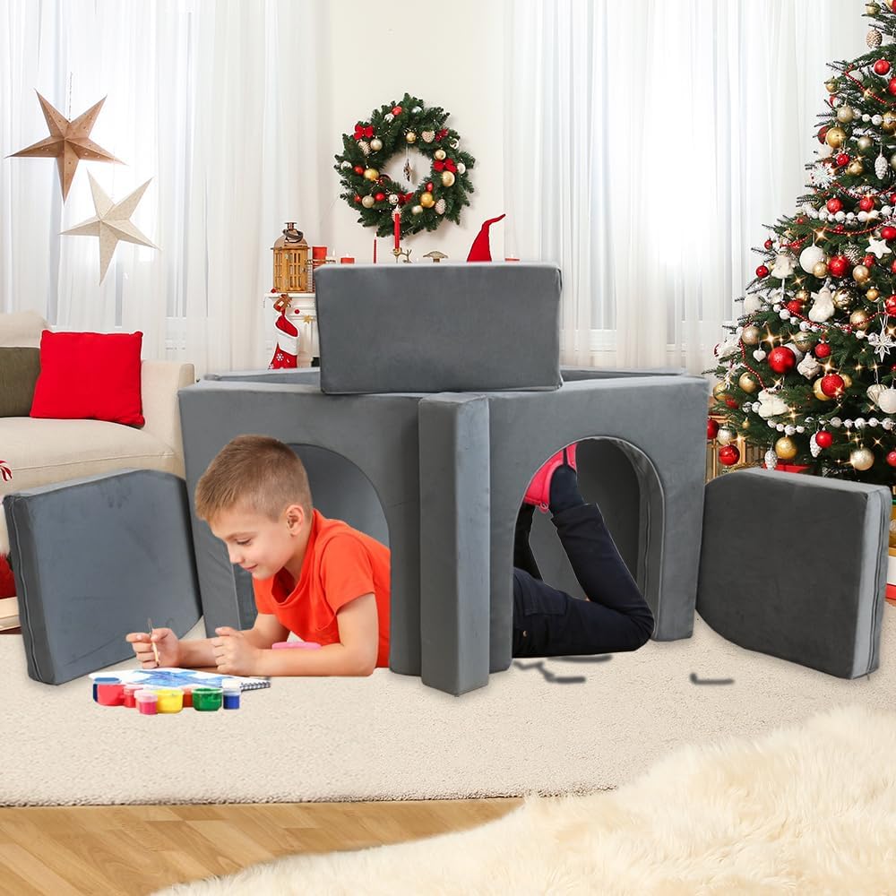 Modular Kids Play Couch Convertible Toddler Building Fort Sofa and Cushion 10Pcs Child DIY Floor Sofa for Sleeping Playroom Bedroom for Boys and Girls (Dark Gray)