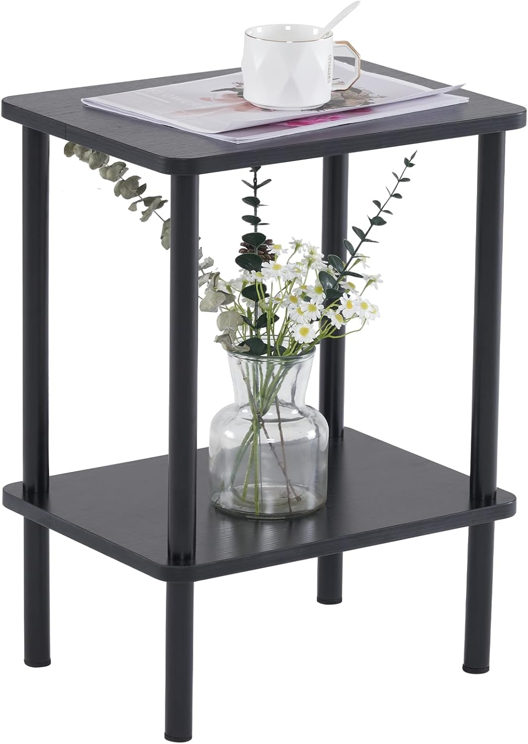 Apicizon 2 Tier End Table, Small Side Table with Solid Wood Legs, Boho Bedside Table with Storage Shelf, Nightstand for Small Spaces, Bedroom, Living Room, Entryway, Farmhouse, Easy Assembly, Black