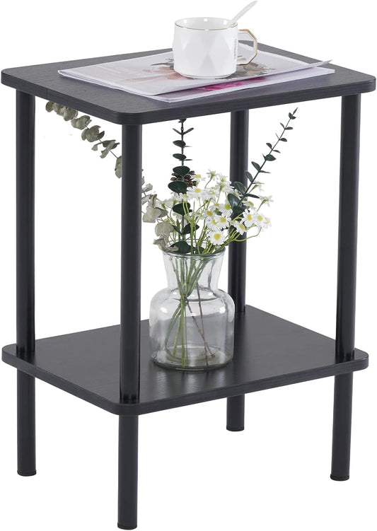 Apicizon 2 Tier End Table, Small Side Table with Solid Wood Legs, Boho Bedside Table with Storage Shelf, Nightstand for Small Spaces, Bedroom, Living Room, Entryway, Farmhouse, Easy Assembly, Black