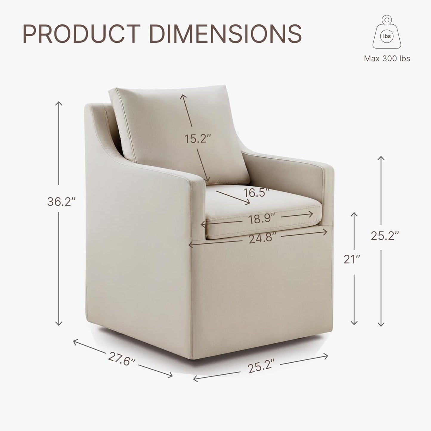 Upholstered Dining Chairs with Casters Washable Cover Side Deskchair with Rollers for Diningroom, Living Room, Flax Beige, 1 Box