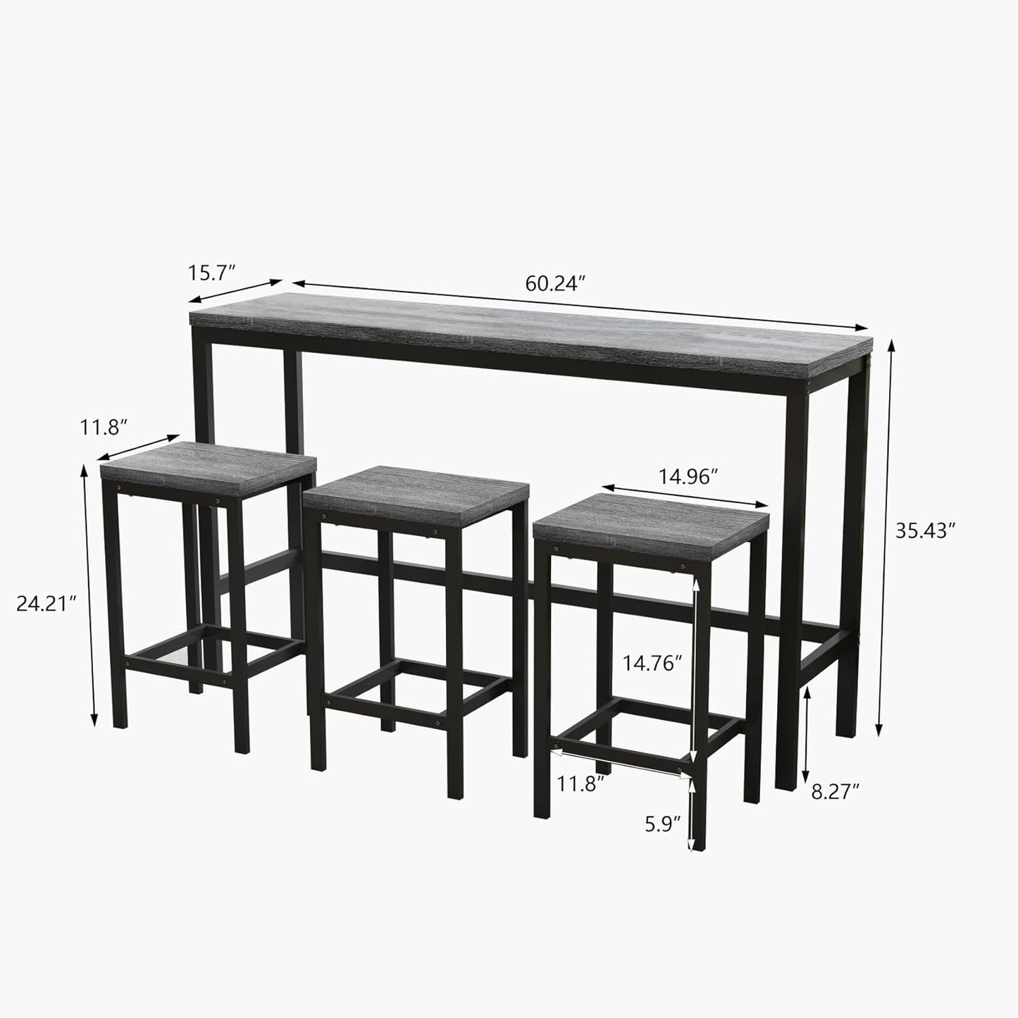 KEIKI 60.24” Long Bar High Top Dining Table and 3 Stools Chairs Set, Wood Behind Couch Sofa Counter Height Pub Furniture for Breakfast, Kitchen Living Party Room, Grey