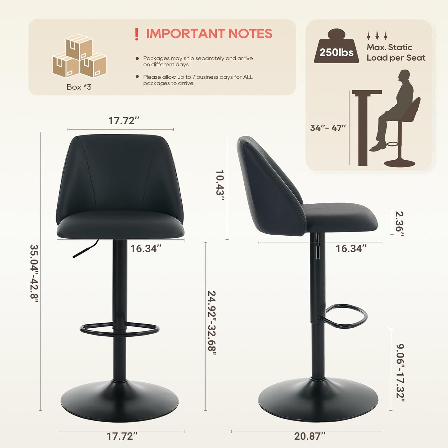 COLAMY Bar Stools Set of 6, Modern Swivel Bar Chairs, Adjustable PU Leather Upholstered Barstools Counter Height with Full Backrest for Bar, Dining Room, Kitchen Island, Black