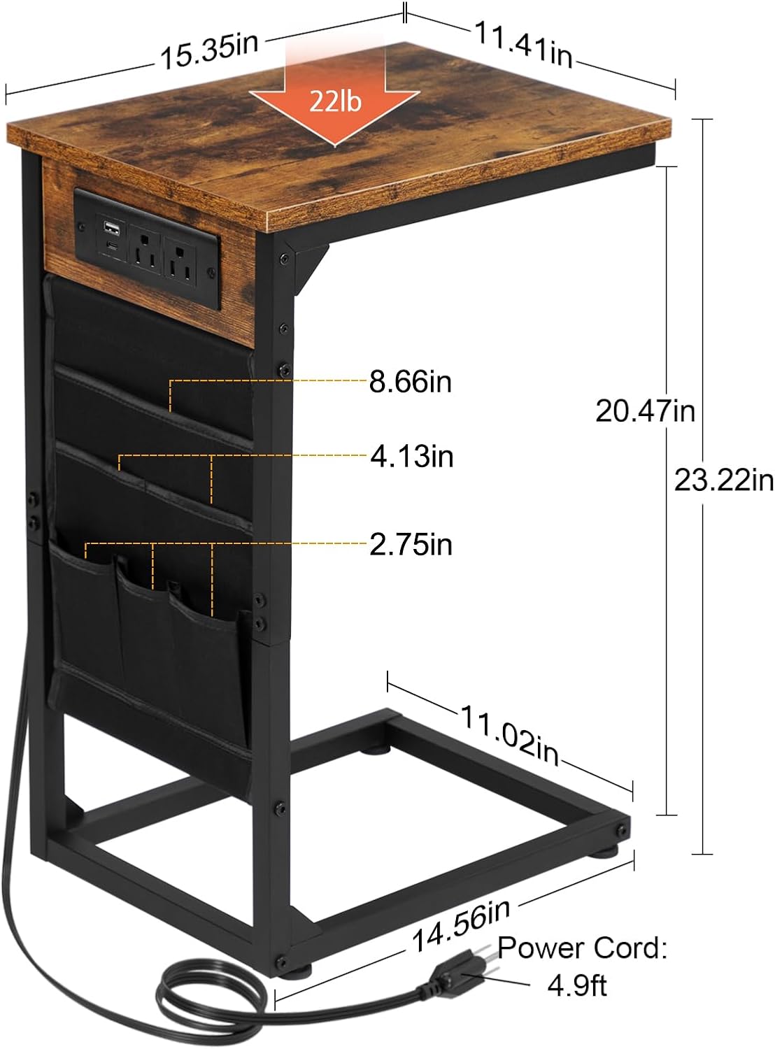 AMHANCIBLE C Shaped End Table with Charging Station, TV Tray Set of 2, Couch Tables with Storage Bag, Slide Under Sofa Side Table with USB Ports and Outlets for Living Room, Rustic Brown HET04CBR