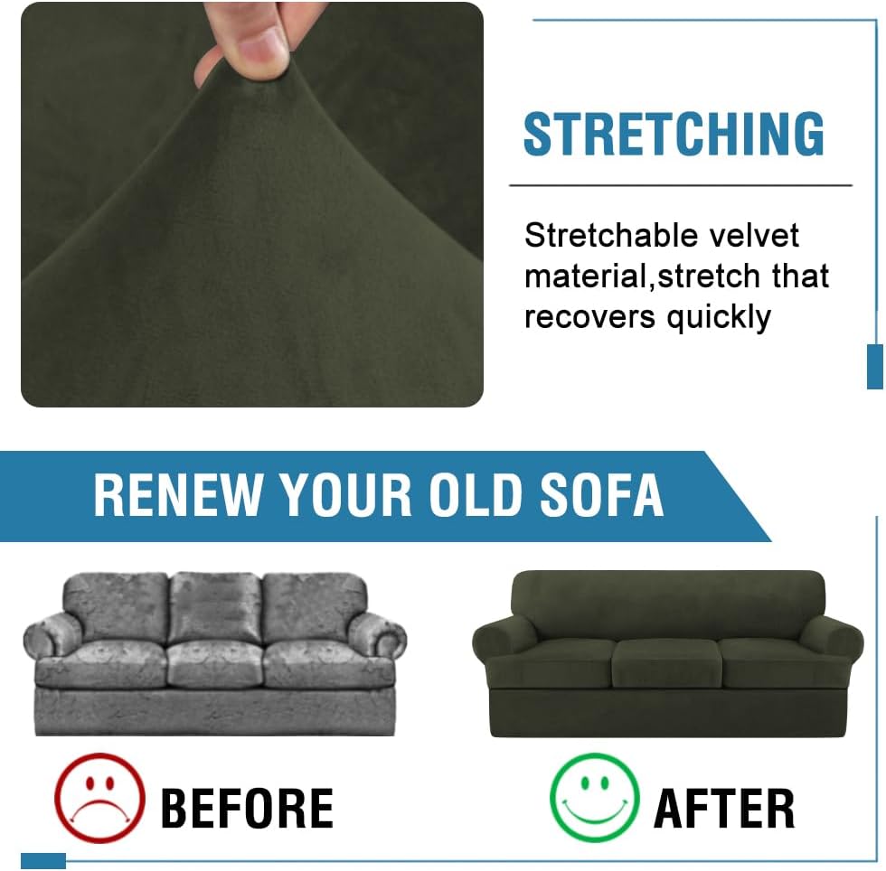 H.VERSAILTEX Sofa Cover 4 Piece T Cushion Sofa Slipcovers Thick Velvet Couch Cover Stretch T Cushion Sofa Covers for 3 Cushion Couch with 3 Individual T Cushion Covers, Olive