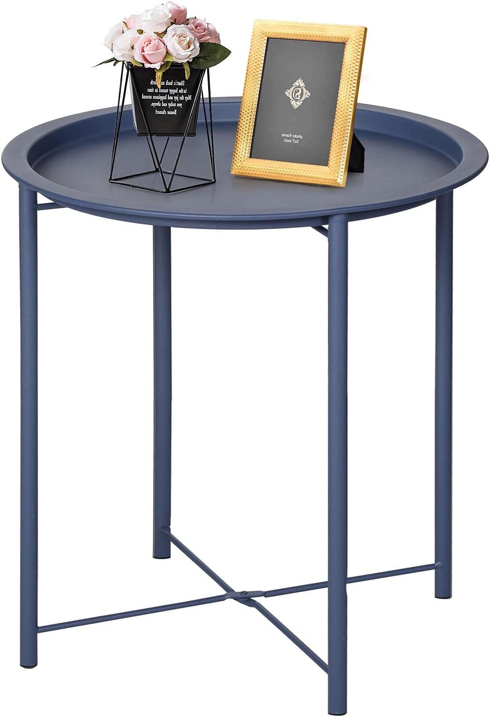 VECELO Side/End Table, Folding Round Metal Anti-Rust and Waterproof Outdoor or Indoor Tray for Living Room Bedroom Balcony and Office, 1 PCS, Blue