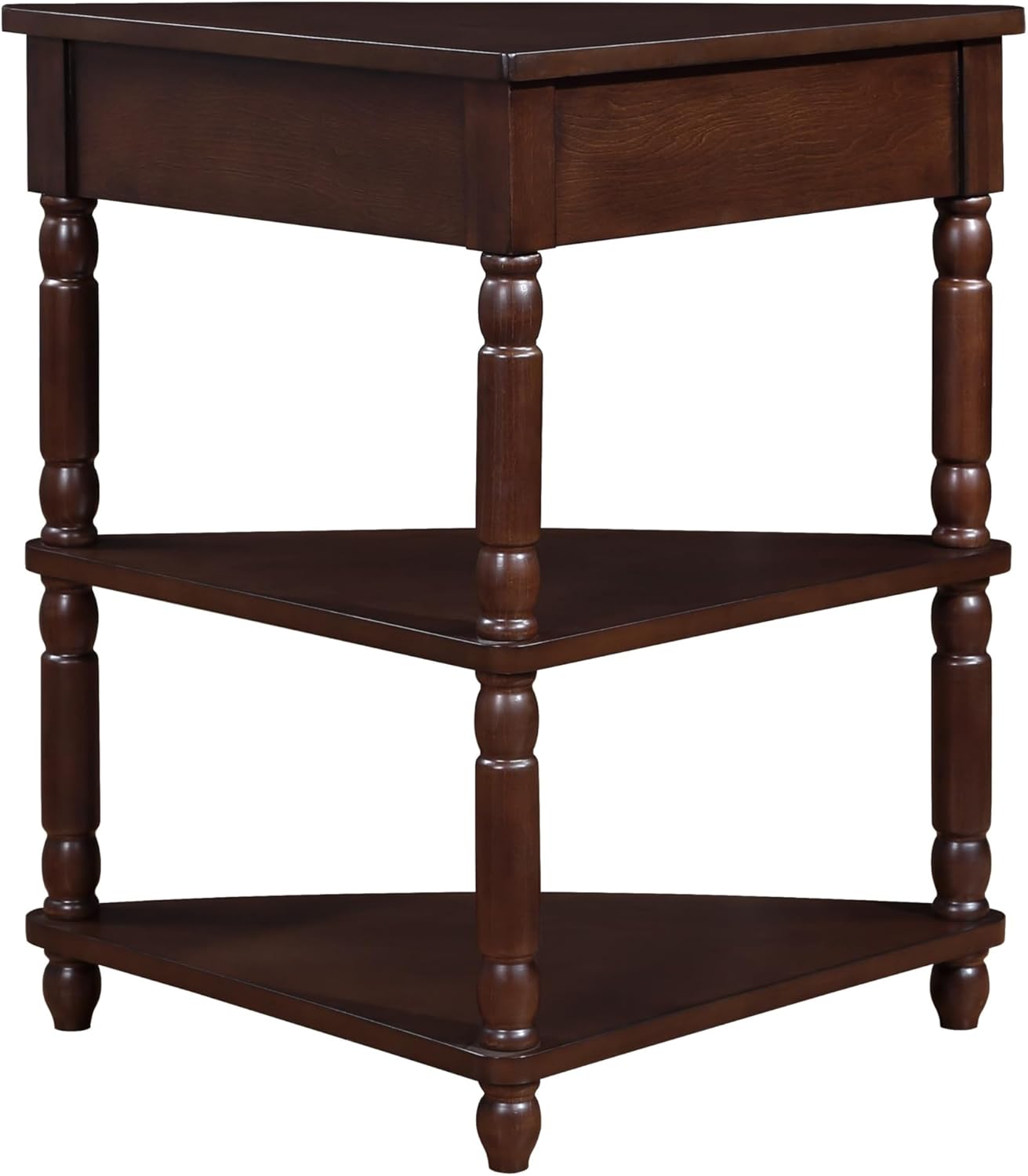 GDFStudio Trmxmbi 3 Tier Corner Console Table with 1 Storage Drawers and Shelves, 33.8'' Rustic Wood Triangle Sofa End Table for Small Spaces, Solid Wood Legs, Light Espresso