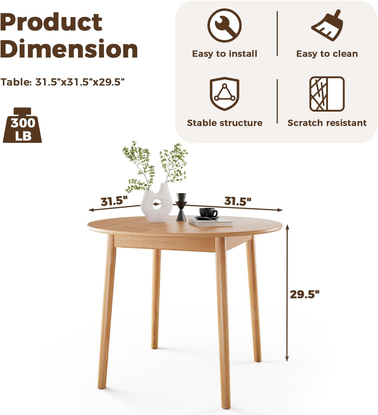 DELAVIN 31.5" Solid Wood Round Dining Table for 4, Farmhouse Small Kitchen Table for 2-4, Modern Office Table for Home Kitchen Apartment, Easy Assembly, Space Saving, Natural