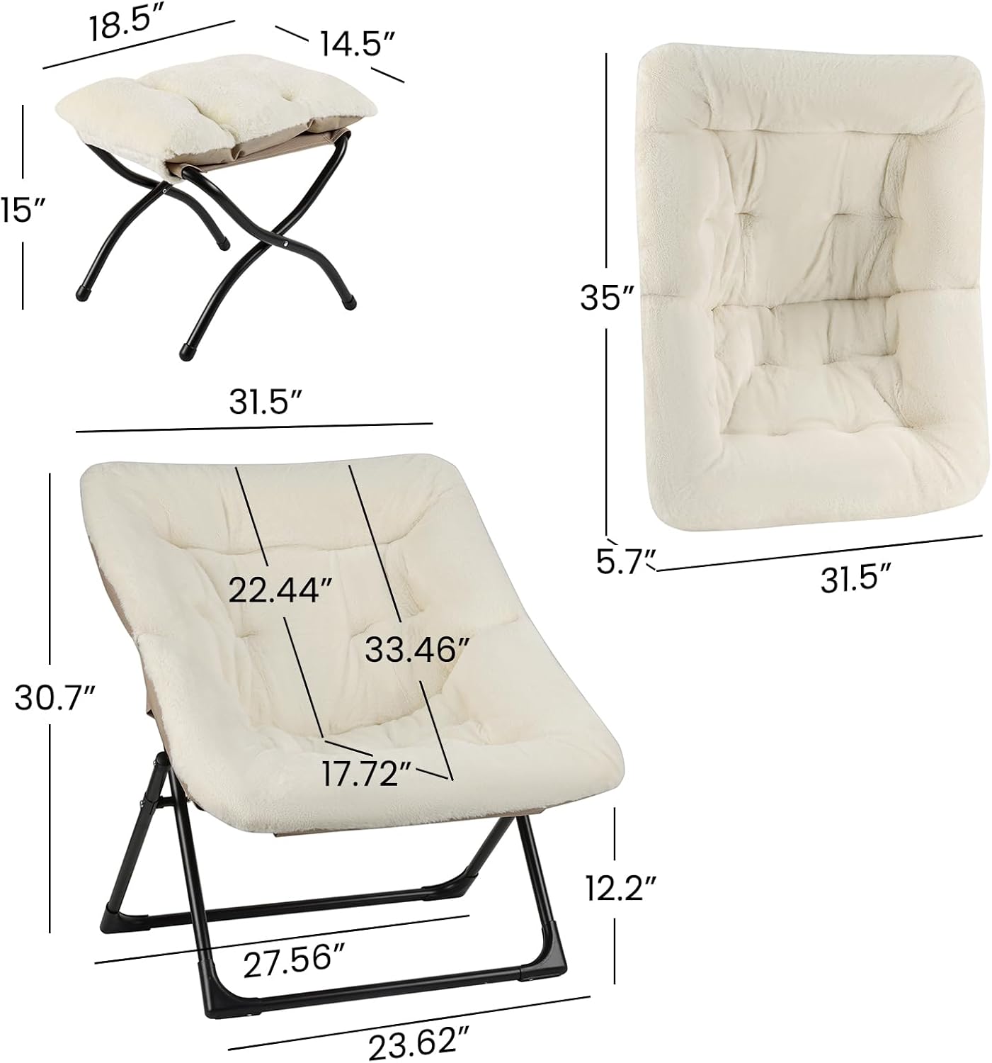 Comfy Saucer Chair for Adults, Soft Faux Fur Bedroom Chair with Ottoman, Accent Dorm Chairs, Living Room Reading Chairs and Footstool, Folding Lounge Seat for Teens, X-Large, Beige