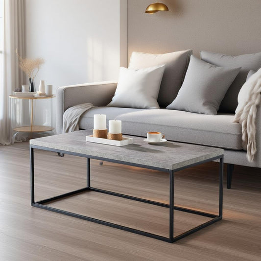 CENSI 40-Inch Concrete Accent Coffee Table Ottoman for Living Room, Rectangle, Mid-Century Modern Industrial Style, Extra Thick Top, Wood and Metal (Grey Marble)