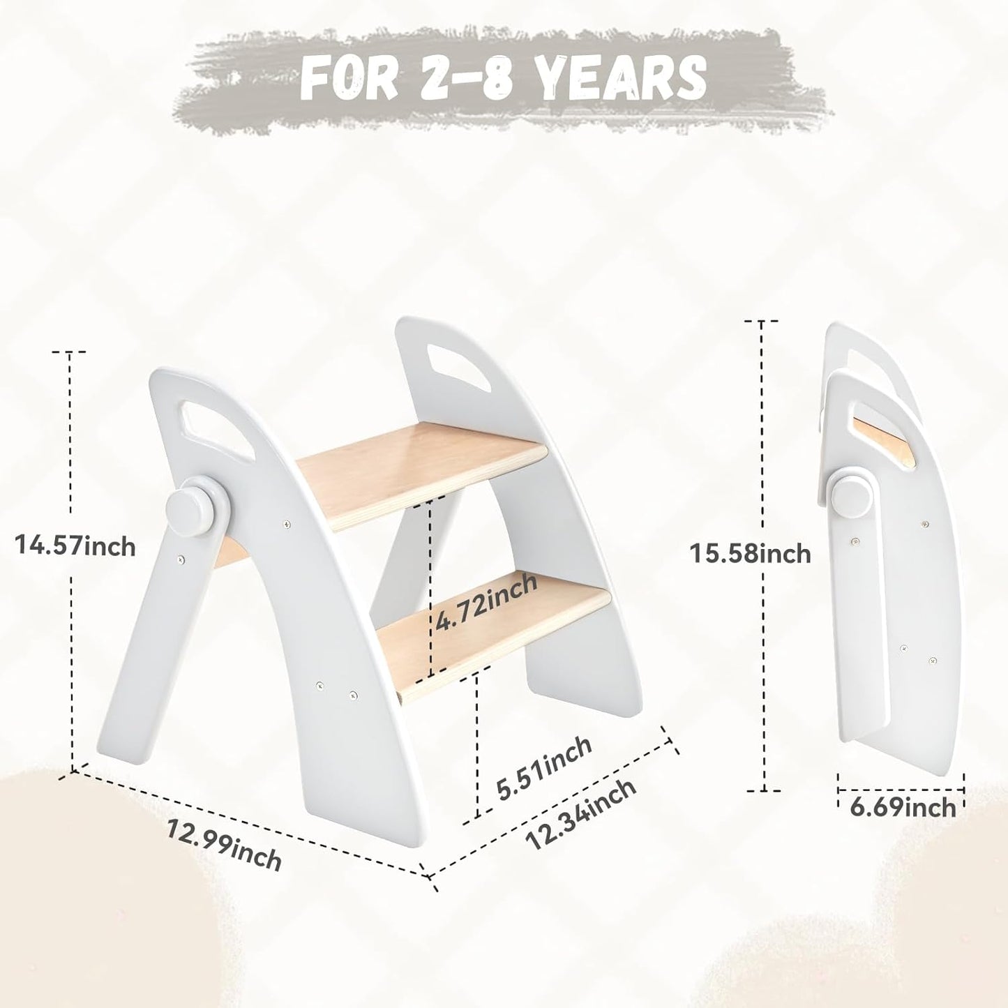 Wooden 2 Step Stool for Kids Bathroom Sink Foldable Anti-Slip 2-Step for Toilet Potty Training, Child Stepping Stool for Kitchen Nursery Bedroom, Sturdy Non Slip Adult Stool for Closet