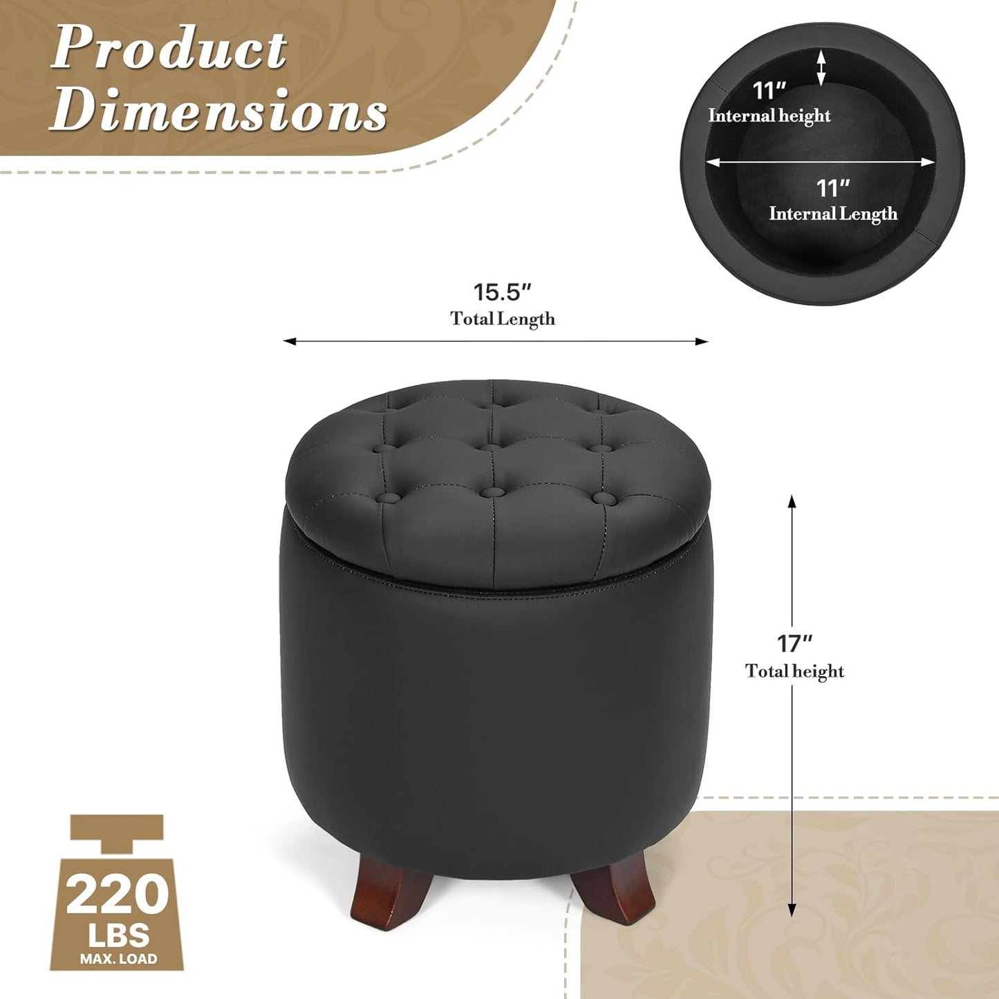 Athena Collection 15 Inch Small Ottoman with Storage, Round PU Leather Storage Ottoman Foot Rest with Removable Lid, Multipurpose Footstool Footrest for Living Room, Bedroom, Dorm, Black
