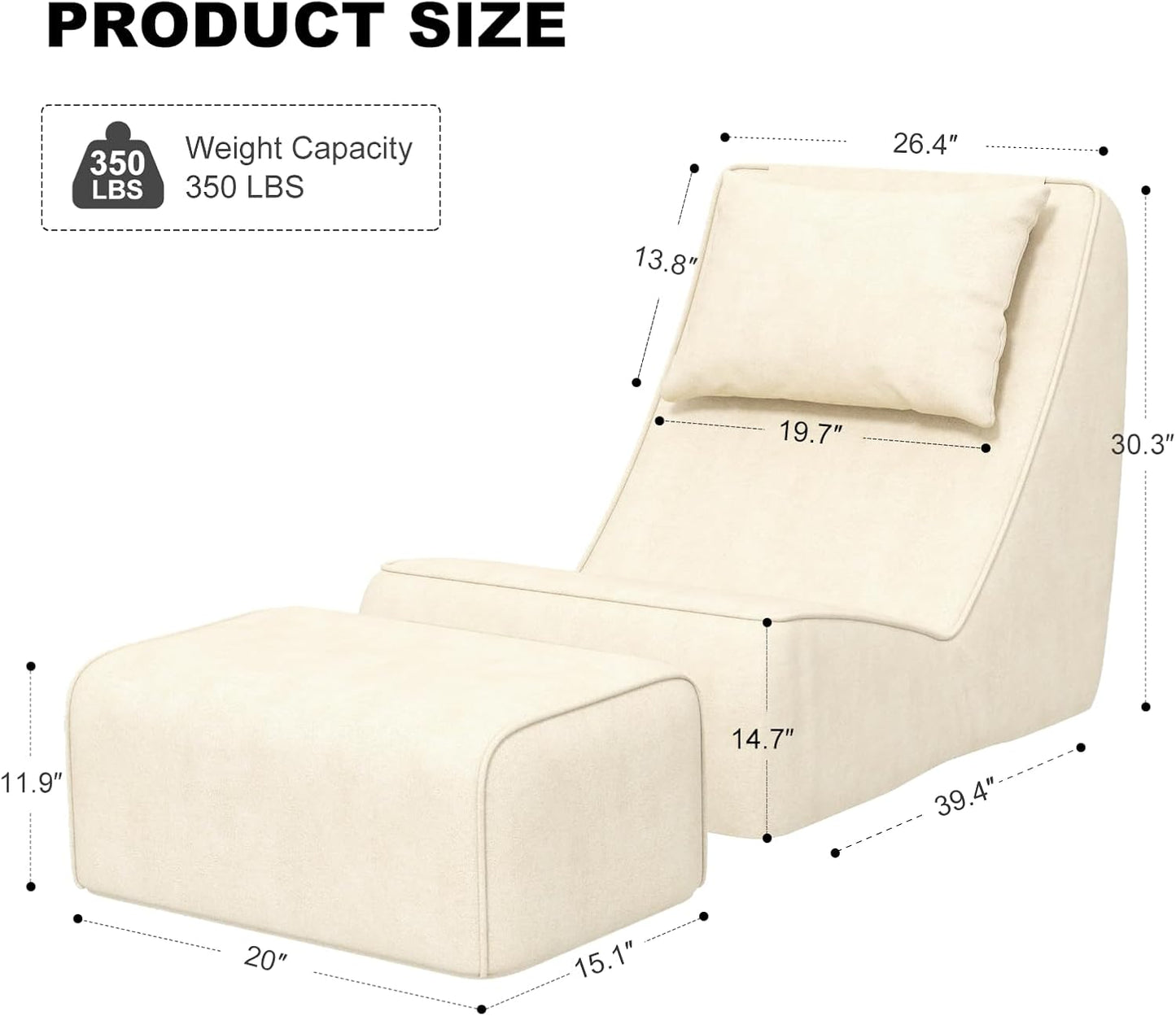 Giant Bean Bag Chair for Adults - Indoor Chaise Lounge with Neck Pillow & Ottoman, All-in-One Sponge Design, Comfy Floor Chair for Reading, Gaming, Napping, and Movies (Khaki)