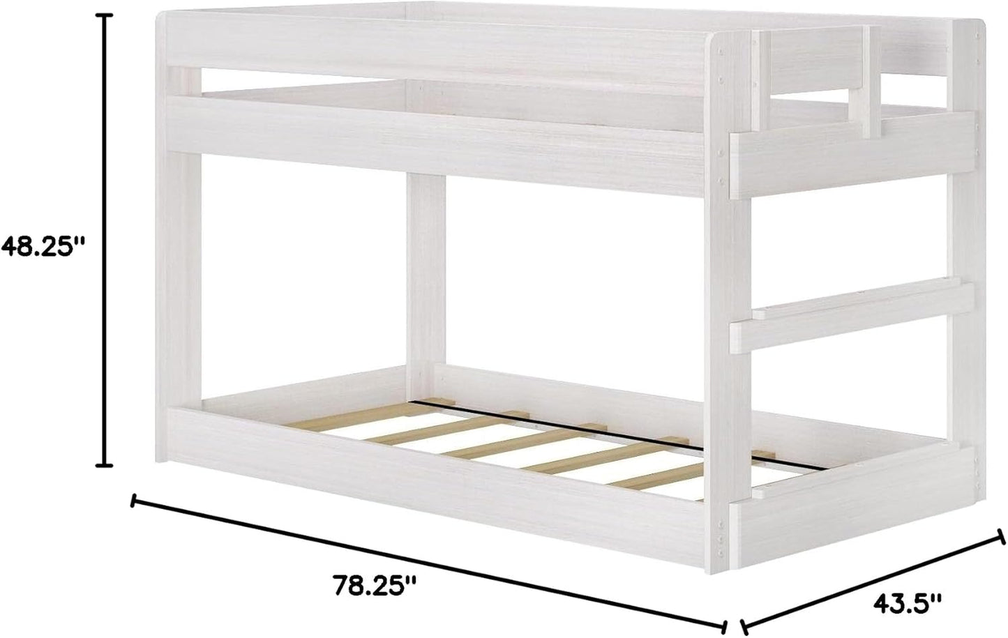 Max & Lily Modern Farmhouse Low Bunk Bed, Twin-Over-Twin Bed Frame For Kids, White Wash