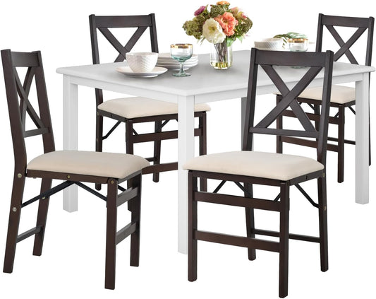 COLAMY 60 Inch Rectangular Kitchen Dining Table for 4, Modern Farmhouse Dining Table Set for 4, Wood Dining Table and Folding Dining Chairs for Kitchen, Dining Room, Restaurant, White/Beige