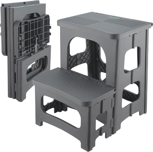 Folding 2-Step Stool for Adults Kids Non-Slip Collapsible Portable Step Stool for Kitchen Home Toilet Bedroom Office Bathroom Rv,Holds 300 Lbs(Grey)