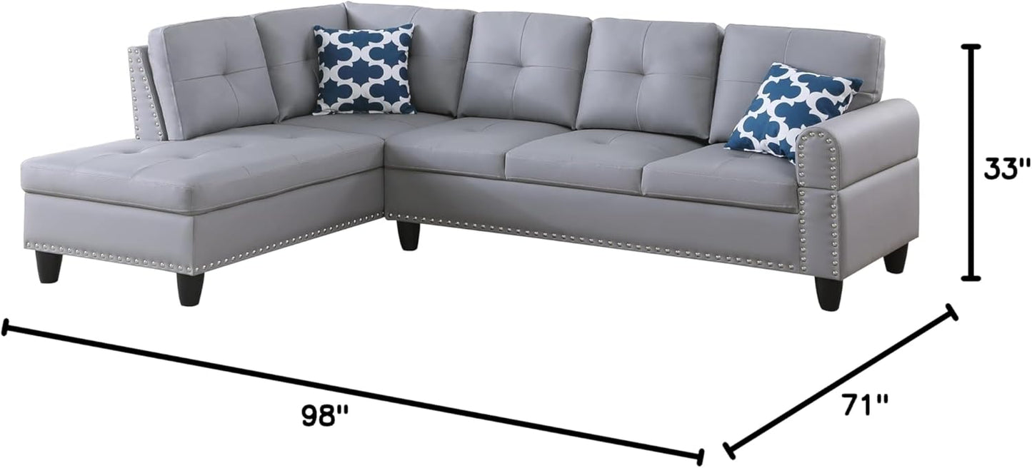 Ball & Cast 98" L Shaped Sectional Couch for Living Room,4 Seat Faux Leather Upholstered Modular Sectional Sofa Set 2 PCS with Chaise,Nailhead Trim,Cup Holders,Coffee Table and 2 Pillows for Home,Gray