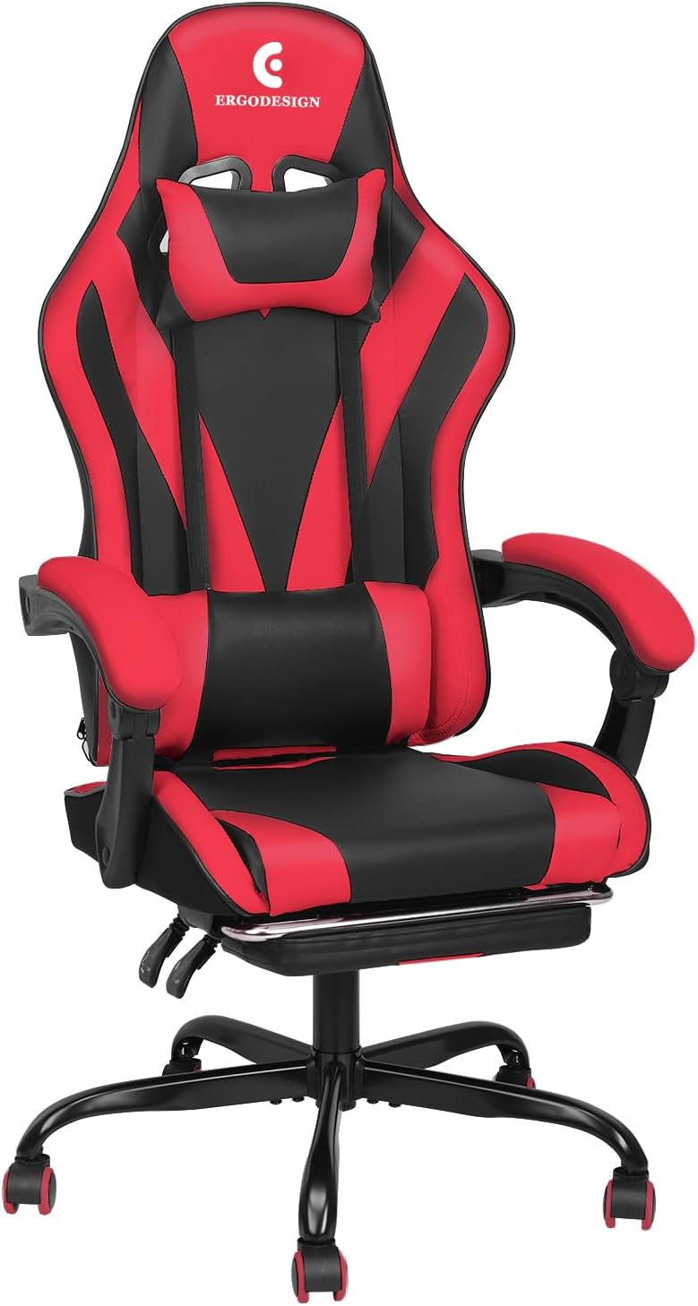 Gaming Chair with Linkage Armrest & Footrest, High Back Video Gaming Chair, Black/Red