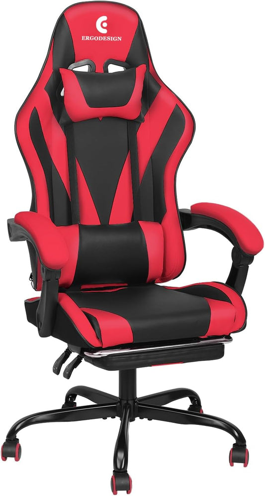 Gaming Chair with Linkage Armrest & Footrest, High Back Video Gaming Chair, Black/Red