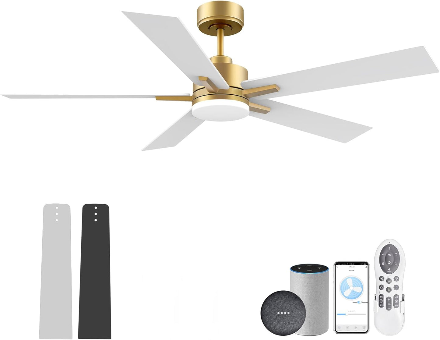52” Smart Ceiling Fan with LED Lights Remote,Quiet DC Motor,Voice Control via Alexa Google WIFI Phone,Outdoor Indoor Modern Ceiling Fans,Dimmable,for Bedroom Patio Porch,Gold and White Black