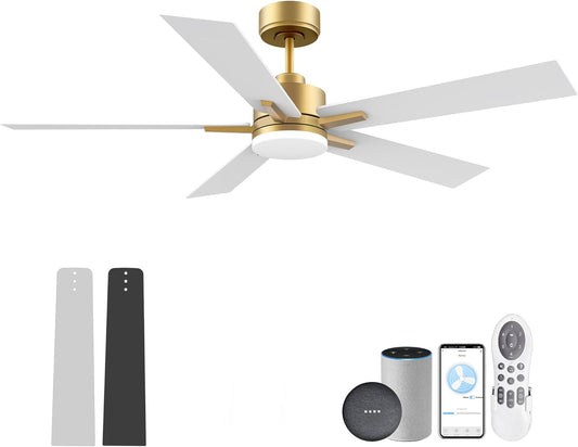 52” Smart Ceiling Fan with LED Lights Remote,Quiet DC Motor,Voice Control via Alexa Google WIFI Phone,Outdoor Indoor Modern Ceiling Fans,Dimmable,for Bedroom Patio Porch,Gold and White Black