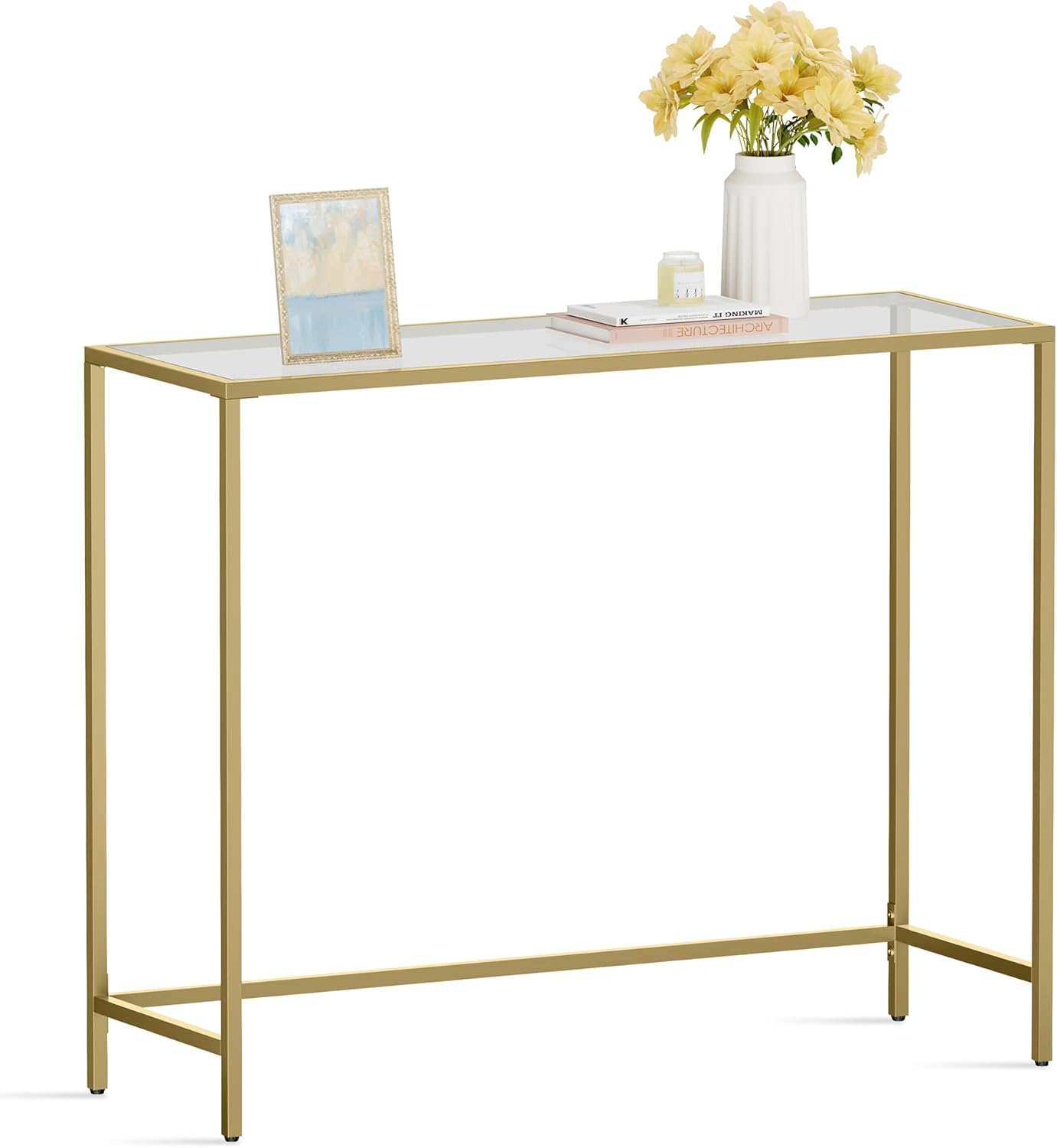 VASAGLE 39.4 Inches Console Table, Tempered Glass Sofa Table, Modern Entryway Table, Metal Frame, Easy to Assemble, Adjustable Feet, for Living Room, Hallway, Gold Color ULGT26G
