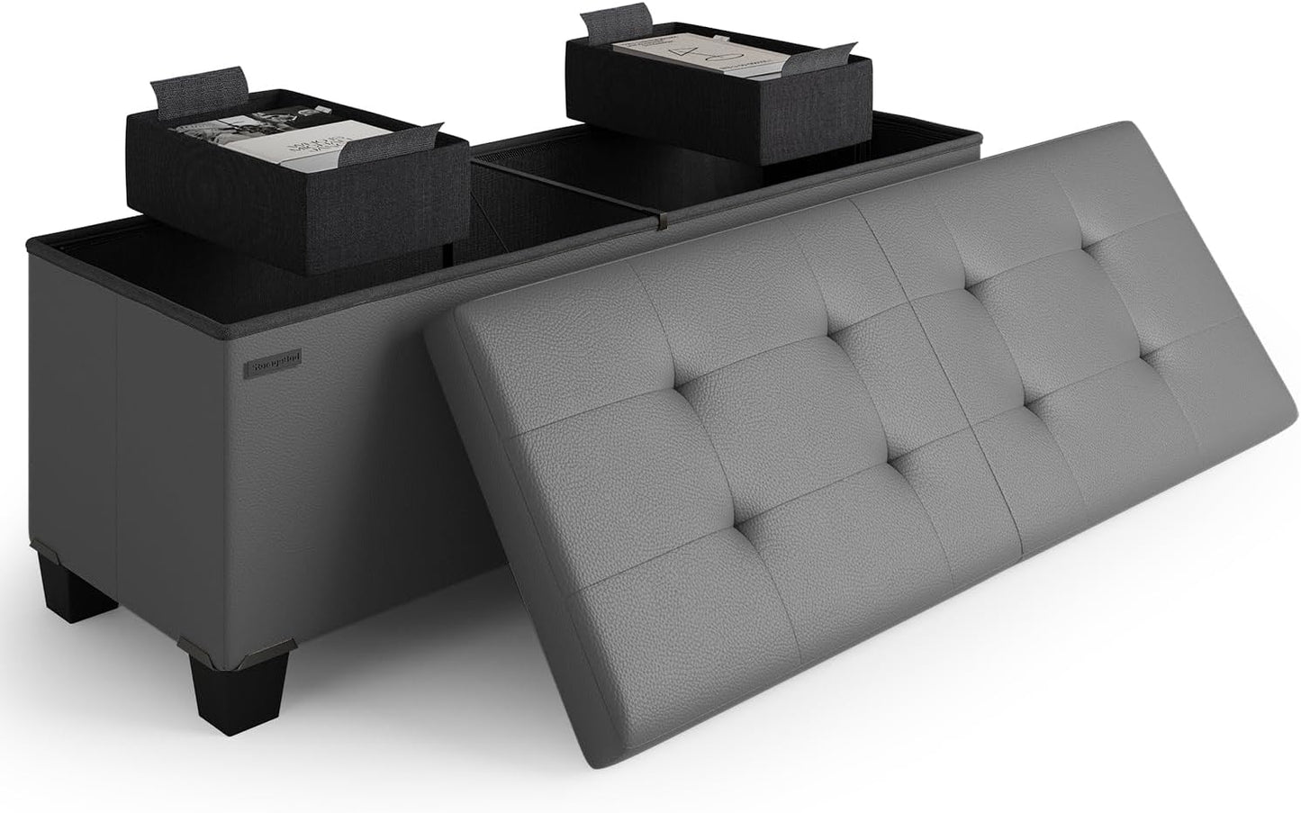 STORAGEBUD Storage Ottoman Bench with Bins, 43-in Storage Bench for Bedroom End of Bed, Folding Foot Rest Ottoman for Living Room Max 660lbs, Faux Leather Ottomans, Grey