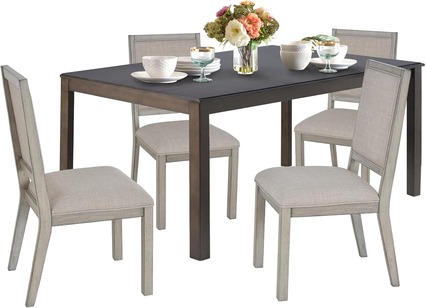 COLAMY Modern Rectangular Dining Table Set, 60" L x 36" W x 30" H, Grey Wood & Fabric, 4-6 Person Capacity, Requires Assembly
