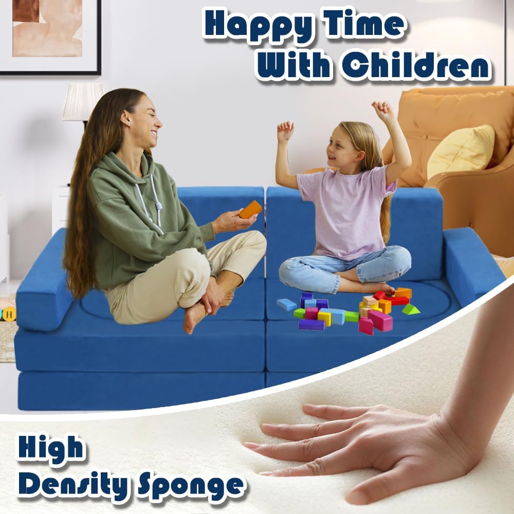 Modular Kids Play Couch Convertible Building Fort Sofa and Cushion 10Pcs Child DIY Floor Sofa for Sleeping Playroom Bedroom for Boys and Girls (Blue)