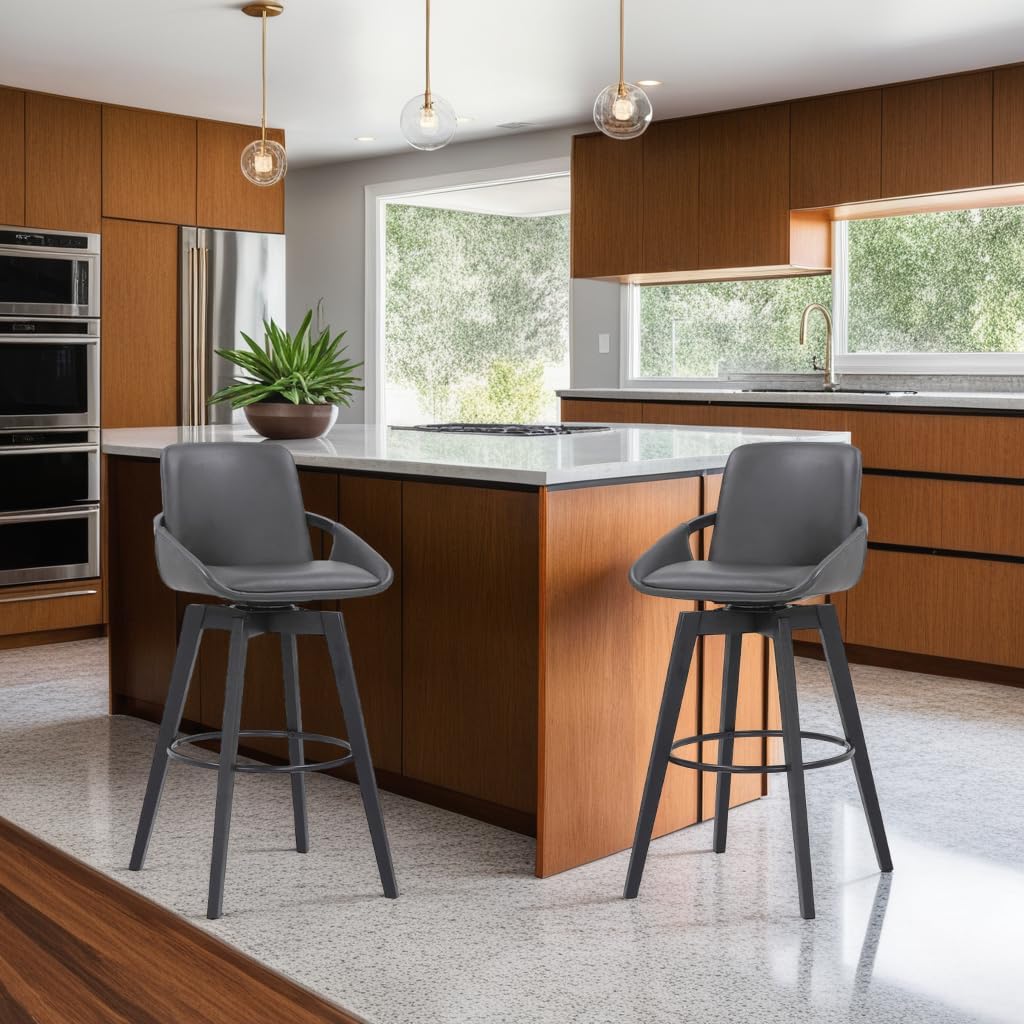 Armen Living Baylor Mid Century Modern Swivel Bar Stool for Kitchen Island Counter in Gray Faux Leather and Black Wood, 26" Seat Height